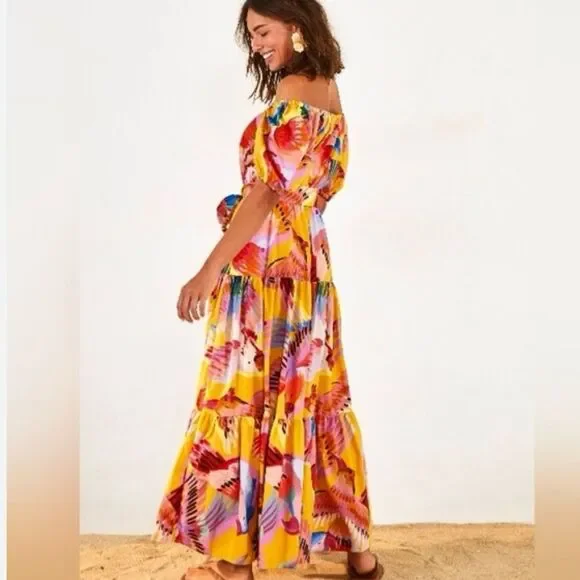 SOLD FARM Rio Neon Macaws Maxi Dress Beaded Tropical Bird Yellow Pink Size L - Picture 3 of 16